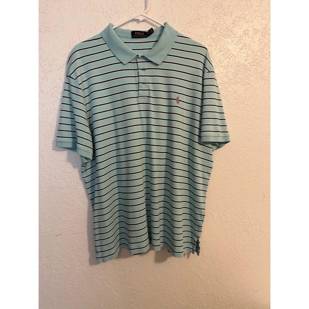 Polo Ralph Lauren Mens XXL Mint Green Striped Short Sleeve Polo Shirt Pink Pony